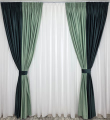Colectia Velvet Duo: Perdea Matase Alb Imaculat și Draperie Catifea verde menta cu verde onix