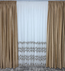 Perdea alba din material plin ca textura, bamboo ivoire cu broderie grej model Pixi