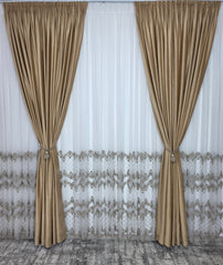 Set Pixi: perdea bamboo cu broderie si draperie catifea crem-miere