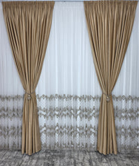 Set Pixi: perdea bamboo cu broderie si draperie catifea crem-miere