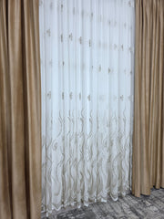 Colectia Soare varianta bej: perdea bamboo cu broderie crem bej si draperie catifea crem-miere