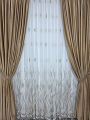 Colectia Soare varianta bej: perdea bamboo cu broderie crem bej si draperie catifea crem-miere