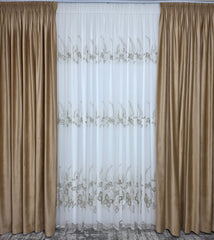 Set Mariposa: perdea bamboo cu broderie crem bej si draperie catifea crem-miere
