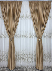 Set Mariposa: perdea bamboo cu broderie crem bej si draperie catifea crem-miere
