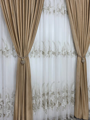 Set Mariposa: perdea bamboo cu broderie crem bej si draperie catifea crem-miere