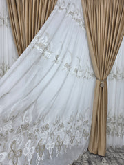 Set Mariposa: perdea bamboo cu broderie crem bej si draperie catifea crem-miere