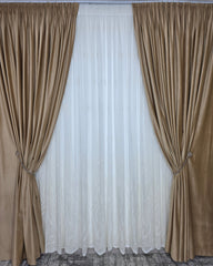 Colectia Soare varianta crem: perdea bamboo cu broderie crem si draperie catifea crem-miere