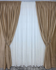 Colectia Soare varianta crem: perdea bamboo cu broderie crem si draperie catifea crem-miere