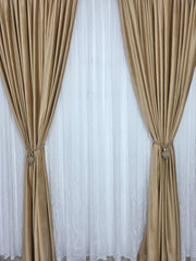 Colectia Soare varianta pe alb : perdea bamboo cu broderie alba si draperie catifea crem-miere