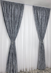 Colectia Santorini: Perdea alba cu sclipici și Draperie Catifea Gri tip vopsea pensulata si insertii aurii