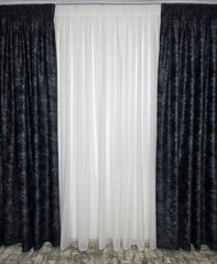 Set Recomandat pentru Camere Moderne in Nuante de Negru, Alb, Gri si Auriu - Colectia Santorini cu Perdea Alba cu Sclipici si Draperie Catifea Neagra cu Insertii Aurii pentru Living si Dormitor - Confectionat pe Comanda