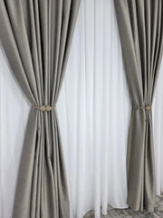 Set Premium: Perdea Matase Alba Nesifonabila si Draperie catifea Grej sper gri  Garantat Opaca
