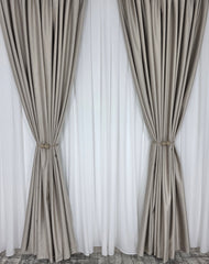 Set Premium: Perdea Matase Alb Imaculat și Draperie Grej Roze Catifea Garantat Opacă