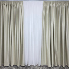 Set Premium: Perdea Matase Alb Imaculat și Draperie Crem Deschis Catifea Garantat Opacă Blackout 100%