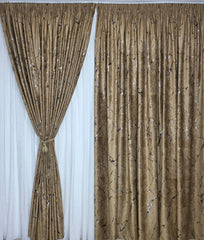 Set Andreea: perdea alba din matase moale plina cu insertii aurii si draperie din catifea auriu bronz plina cu insertii