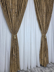 Set Andreea: perdea alba din matase moale plina cu insertii aurii si draperie din catifea auriu bronz plina cu insertii