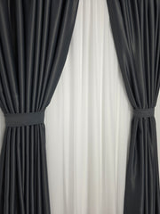 Colectia Blackout Varianta 19: draperie gri antracit si perdea alba voal premium jorjet - perfecta pentru livinguri si dormitoare moderne in culori albe,gri sau crem