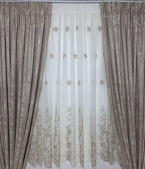 Set Liliana:pentru dormitor sau bucatarie sau hol in Nuante de Bej, Crem si Alb - Perdea Tip In cu Broderie MARO si Draperie Bej-CREM Tip Vopsea Decorativa - Confectionat pe Comanda