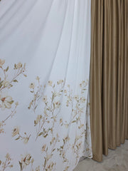 Set Violeta: perdea din matase pictata cu flori si draperie catifea caramel