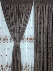 Set Pixi: perdea din in cu flori maro si draperie maro inchis tip vopsea decorativa