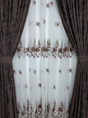 Set Pixi: perdea din in cu flori maro si draperie maro inchis tip vopsea decorativa