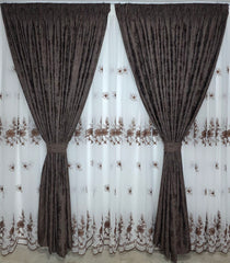 Set Pixi: perdea din in cu flori maro si draperie maro inchis tip vopsea decorativa