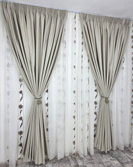 Set Lidia: Perdea Sable Crem cu Flori Maro si Draperie Catifea Crem Deschis 100% Blackout