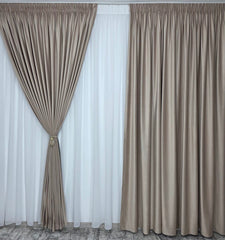 Set Tessa: Perdea Din Voal Premium Alb Imaculat Si Draperie Catifea Crem Tip Velura
