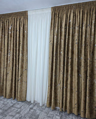 Set Leon: Perdea Alba Cu Insertii Aurii, Tip Matase Cu In, Material Plin Ca Textura Nesifonabil, Draperie Din Catifea Auriu Bronz Cu Insertii