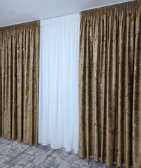 Set Romina: Perdea Din Matase Alb Imaculat Nesifonabila Si Draperie Din Catifea Auriu Bronz Cu Insertii - Ideal Pentru Livinguri Si Dormitoare Moderne - Confectionat Pe Comanda Casablanca Magazin
