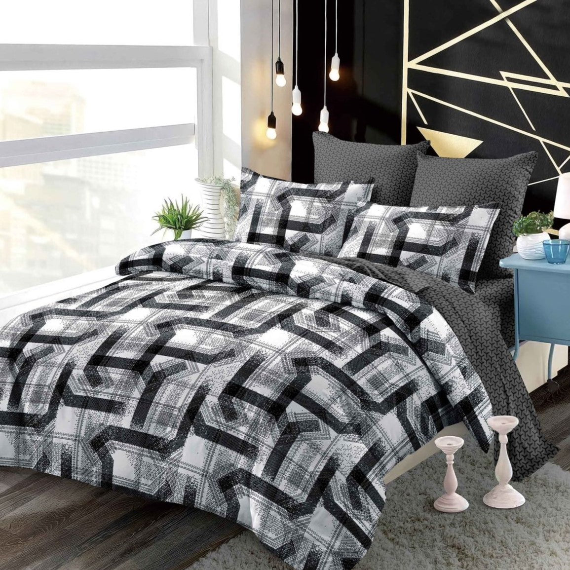 Lenjerie finet, gri-negru forme geometrice, cerceaf cu elastic 160/180x200, Cod: B6035