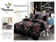 Lenjerie finet, negru model floral rosu, cerceaf cu elastic 160/180x200, Cod: B931
