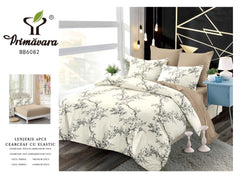 Lenjerie finet, crem cu crengute negre, cerceaf cu elastic 160/180x200, Cod: BB6082