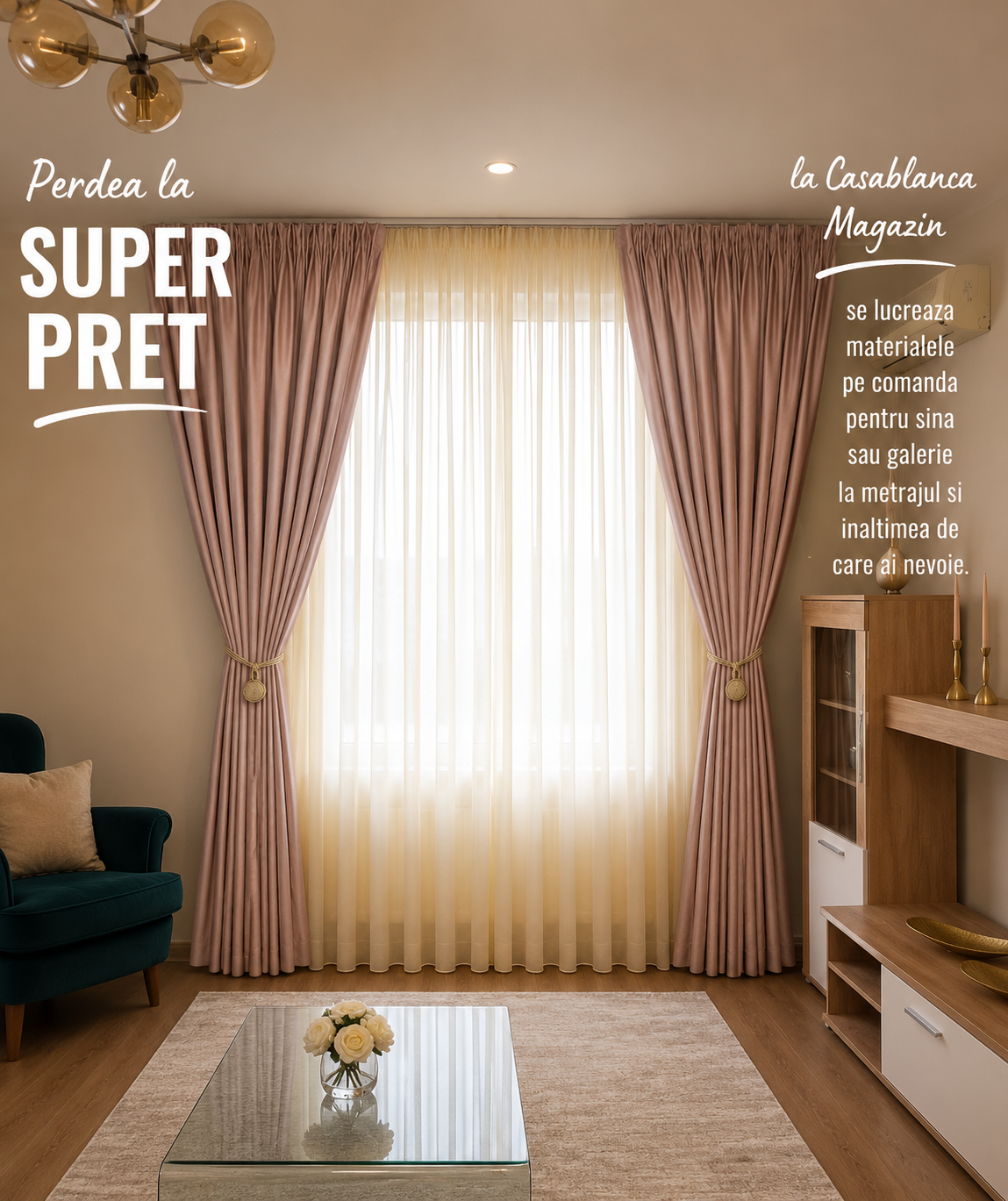Stoc limitat*Set Rozalia – Perdea crem piersica si Draperie Catifea Crem Roze – ideal pentru livinguri cu canapele crem, roz pudra sau gri deschis si mobilier alb sau lemn natur – confectionat pe comanda