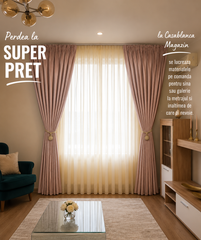 Stoc limitat*Set Rozalia – Perdea crem piersica si Draperie Catifea Crem Roze – ideal pentru livinguri cu canapele crem, roz pudra sau gri deschis si mobilier alb sau lemn natur – confectionat pe comanda