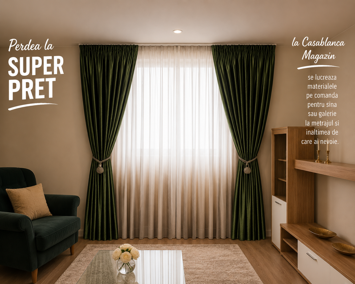 Set Fiona – Perdea din Voal Degrade Verde Kaki si Draperie Catifea Verde Olive – ideal pentru livinguri cu canapele crem, bej, cappuccino sau gri deschis si mobilier lemn natur sau alb – confectionat pe comanda