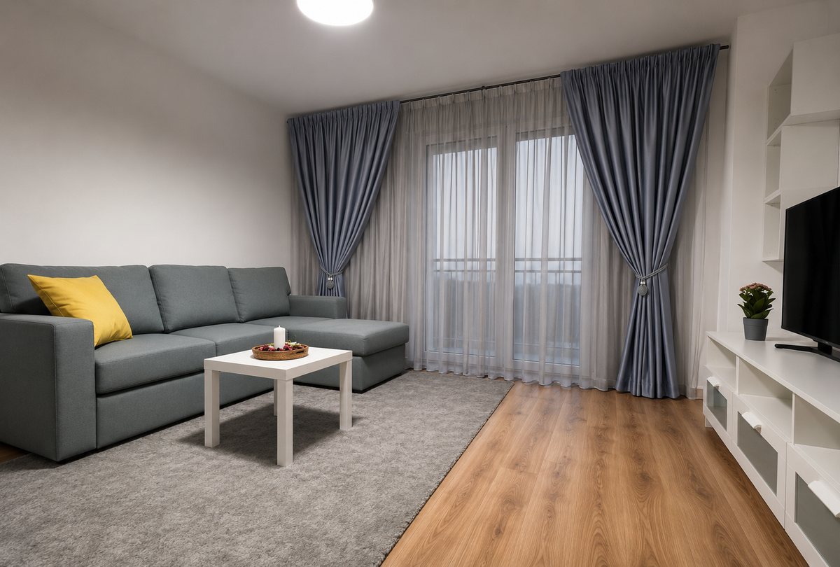 Set Oscar – Perdea Voal Premium Gri si Draperie Gri Mediu Blackout 90% – ideal pentru livinguri si dormitoare moderne cu canapele crem, gri, alb sau antracit si mobilier lemn natur, alb sau wenge – confectionat pe comanda