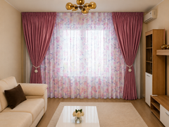 Set Perdea din Voal cu Model Floral si Draperie Soft Roz Semi-Opaca – Set elegant pentru living si dormitor in nuante alb, crem, bej si roz, confectionat pe comanda