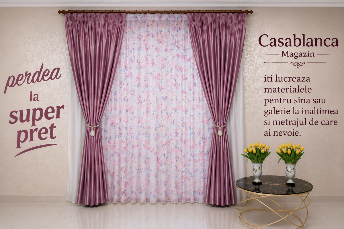 Set Inna – Perdea din Voal cu Model Floral Roz si Gri si Draperie Catifea Roz Lila – confectionata pe comanda