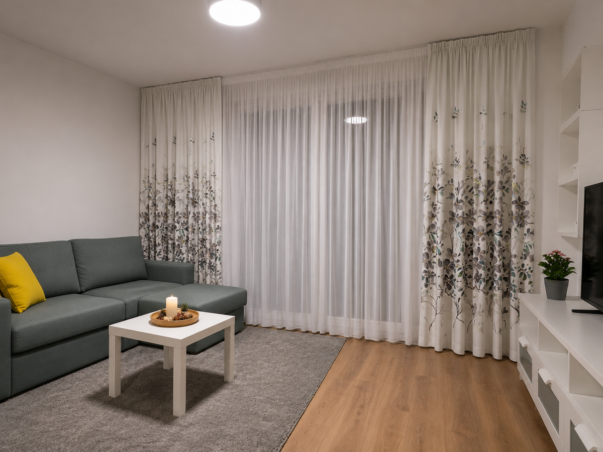 Set Fiesta – Perdea Voal Premium  si Draperie Model Floral Turcoaz Gri – ideal pentru livinguri si dormitoare moderne cu canapele crem, gri, alb sau turcoaz si mobilier lemn natur, alb sau wenge – confectionat pe comanda