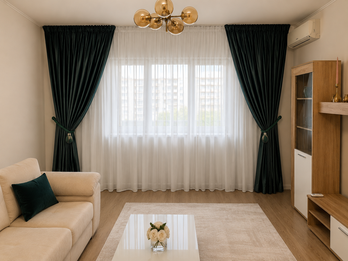 Set Recomandat pentru Camere Naturale si Elegante in Nuante de Verde, Alb si Crem - Set Francesca cu Perdea Verde Tip In si Draperie Verde Catifea pentru Living si Dormitor - Confectionat pe Comanda
