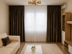 Set Niro – Perdea Crem din In Gros si Draperie Catifea Maro – ideal pentru livinguri cu canapele crem, cappuccino sau maro si mobilier lemn natur sau wenge – confectionat pe comanda