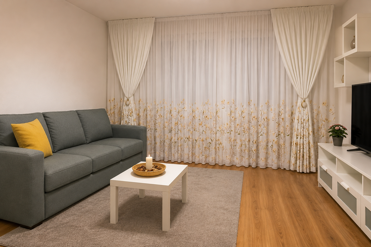 Set Ivora – Perdea Alba cu Flori Crem si Draperie Blackout cu Flori Crem – ideal pentru livinguri cu canapele crem, bej, cappuccino sau alb si mobilier lemn natur sau alb – confectionat pe comanda