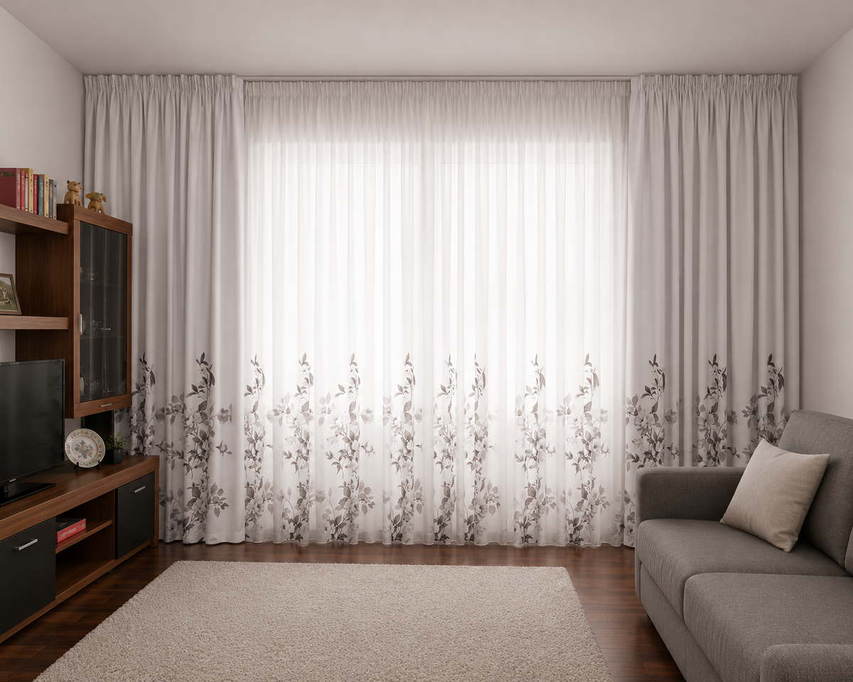 Set Xiora – Perdea Alba cu Flori Gri si Draperie Blackout cu Flori Gri – ideal pentru livinguri cu canapele gri, crem sau albe si mobilier modern alb, gri sau lemn natur – confectionat pe comanda