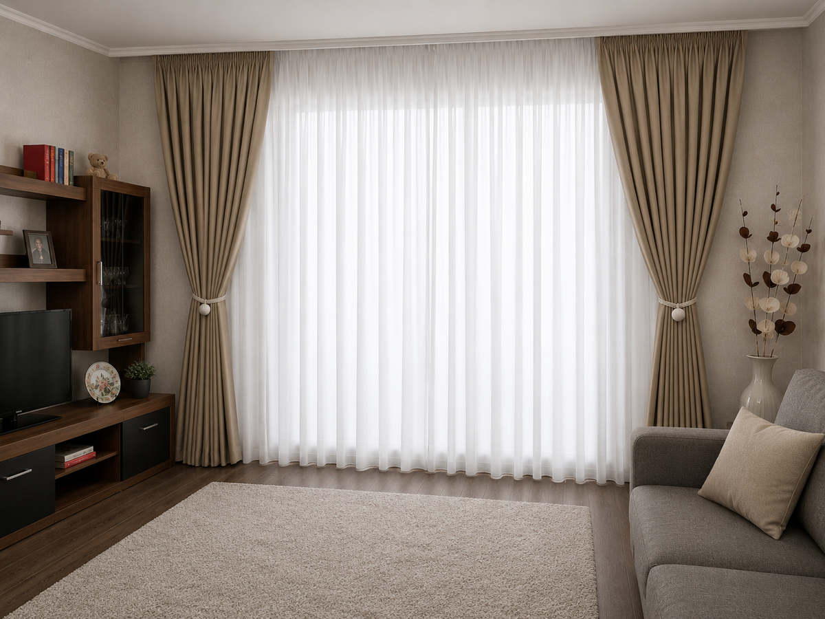 Colectia Blackout Varianta BTN4 Perdea Alba Voal Premium Jorjet si Draperie Cappuccino Blackout 80-95% pentru Living si Dormitor in Nuante Crem, Bej si Lemn Natur