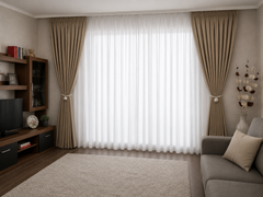 Colectia Blackout Varianta BTN4 Perdea Alba Voal Premium Jorjet si Draperie Cappuccino Blackout 80-95% pentru Living si Dormitor in Nuante Crem, Bej si Lemn Natur