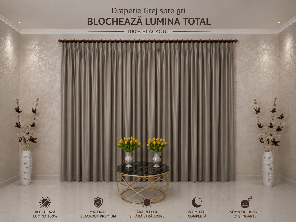 Set Premium – Perdea Matase Alb Pur Plina, Moale si Catifelata si Draperie Grej spre Gri Catifea Blackout Total – Nu Permite Deloc Patrunderea Luminii – Ideal pentru Livinguri si Dormitoare Elegante – Confectionat pe Comanda Casablanca Magazin