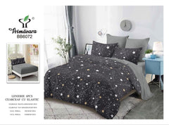 Lenjerie finet, negru cu stelute alb-gri-galben, cerceaf cu elastic 160/180x200, Cod: BB6072
