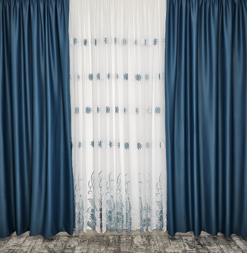 Set Darin: perdea din boragic cu flori albe si turcoaz si draperie blackout 90% turcoaz