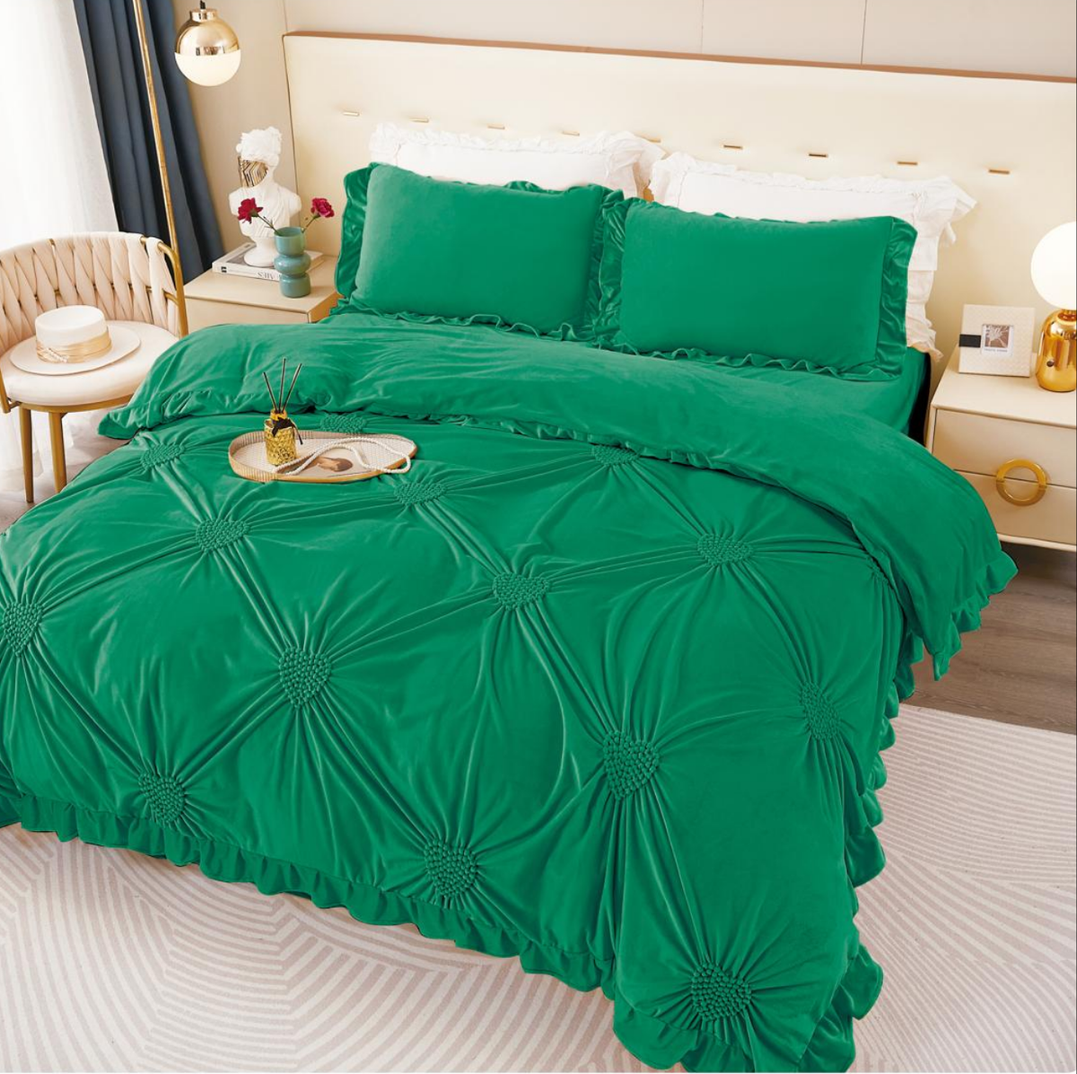 Lenjerie  Verde de Pat Dublu Luxury din Catifea cu Pliuri Brodate,Cod: SJT-A-1